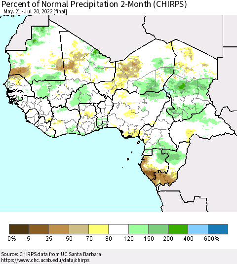 Western Africa Percent of Normal Precipitation 2-Month (CHIRPS) Thematic Map For 5/21/2022 - 7/20/2022
