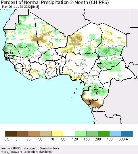 Western Africa Percent of Normal Precipitation 2-Month (CHIRPS) Thematic Map For 5/26/2022 - 7/25/2022