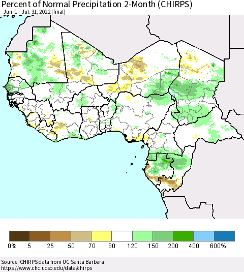 Western Africa Percent of Normal Precipitation 2-Month (CHIRPS) Thematic Map For 6/1/2022 - 7/31/2022