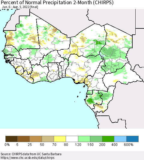 Western Africa Percent of Normal Precipitation 2-Month (CHIRPS) Thematic Map For 6/6/2022 - 8/5/2022