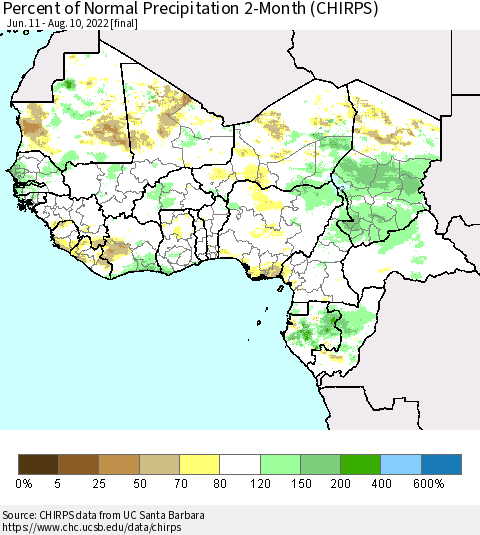Western Africa Percent of Normal Precipitation 2-Month (CHIRPS) Thematic Map For 6/11/2022 - 8/10/2022