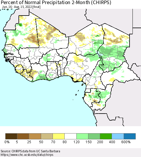 Western Africa Percent of Normal Precipitation 2-Month (CHIRPS) Thematic Map For 6/16/2022 - 8/15/2022