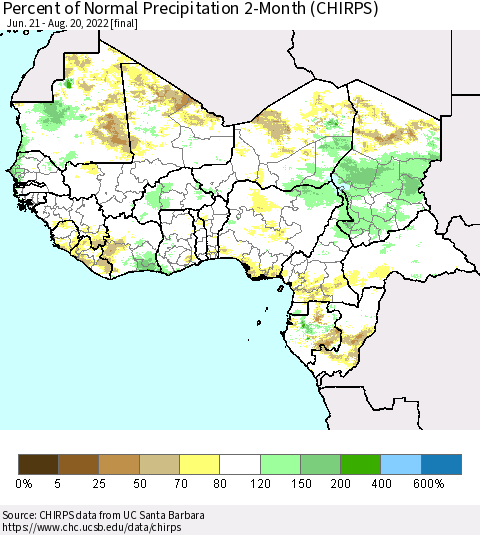 Western Africa Percent of Normal Precipitation 2-Month (CHIRPS) Thematic Map For 6/21/2022 - 8/20/2022
