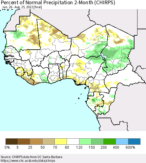 Western Africa Percent of Normal Precipitation 2-Month (CHIRPS) Thematic Map For 6/26/2022 - 8/25/2022