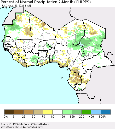 Western Africa Percent of Normal Precipitation 2-Month (CHIRPS) Thematic Map For 7/1/2022 - 8/31/2022