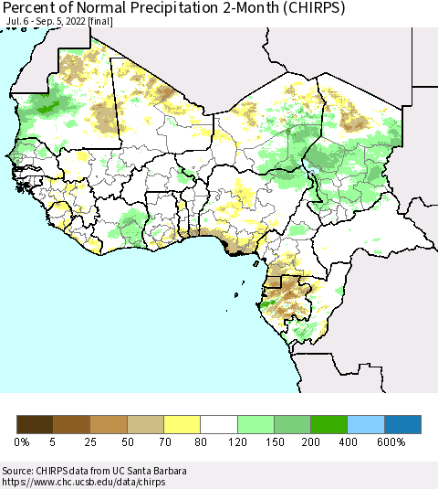 Western Africa Percent of Normal Precipitation 2-Month (CHIRPS) Thematic Map For 7/6/2022 - 9/5/2022