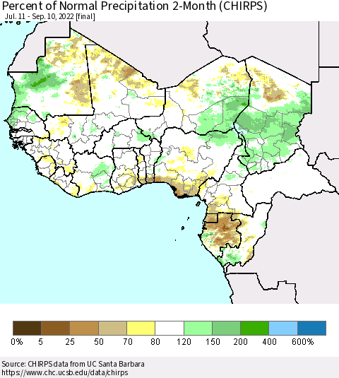 Western Africa Percent of Normal Precipitation 2-Month (CHIRPS) Thematic Map For 7/11/2022 - 9/10/2022