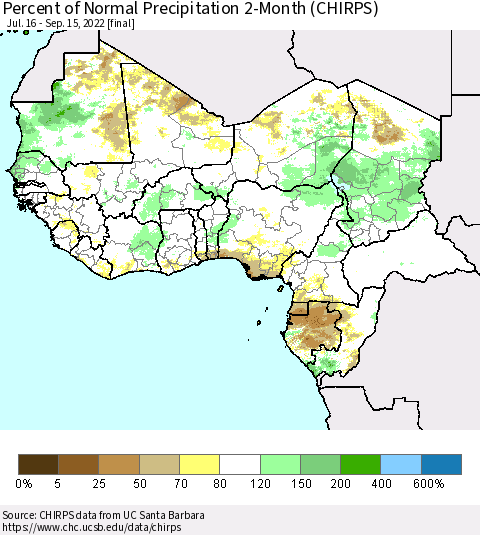 Western Africa Percent of Normal Precipitation 2-Month (CHIRPS) Thematic Map For 7/16/2022 - 9/15/2022