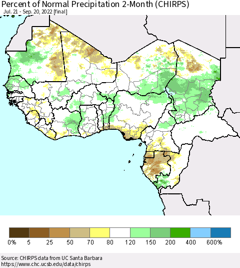 Western Africa Percent of Normal Precipitation 2-Month (CHIRPS) Thematic Map For 7/21/2022 - 9/20/2022