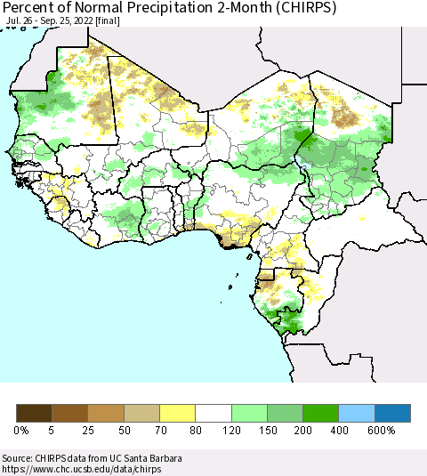 Western Africa Percent of Normal Precipitation 2-Month (CHIRPS) Thematic Map For 7/26/2022 - 9/25/2022