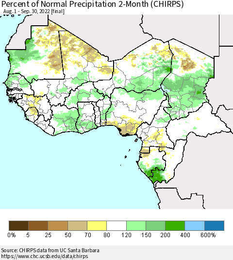 Western Africa Percent of Normal Precipitation 2-Month (CHIRPS) Thematic Map For 8/1/2022 - 9/30/2022