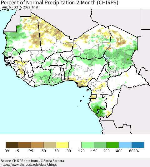 Western Africa Percent of Normal Precipitation 2-Month (CHIRPS) Thematic Map For 8/6/2022 - 10/5/2022