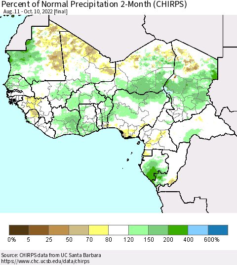Western Africa Percent of Normal Precipitation 2-Month (CHIRPS) Thematic Map For 8/11/2022 - 10/10/2022