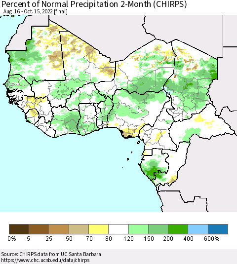 Western Africa Percent of Normal Precipitation 2-Month (CHIRPS) Thematic Map For 8/16/2022 - 10/15/2022