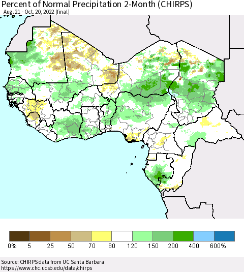 Western Africa Percent of Normal Precipitation 2-Month (CHIRPS) Thematic Map For 8/21/2022 - 10/20/2022