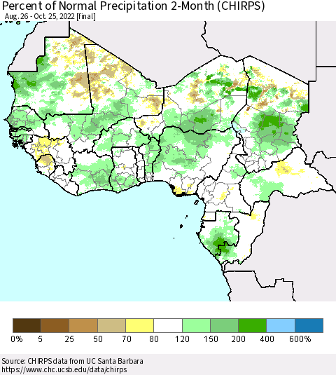 Western Africa Percent of Normal Precipitation 2-Month (CHIRPS) Thematic Map For 8/26/2022 - 10/25/2022