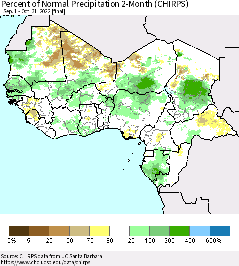 Western Africa Percent of Normal Precipitation 2-Month (CHIRPS) Thematic Map For 9/1/2022 - 10/31/2022