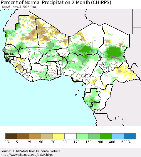 Western Africa Percent of Normal Precipitation 2-Month (CHIRPS) Thematic Map For 9/6/2022 - 11/5/2022