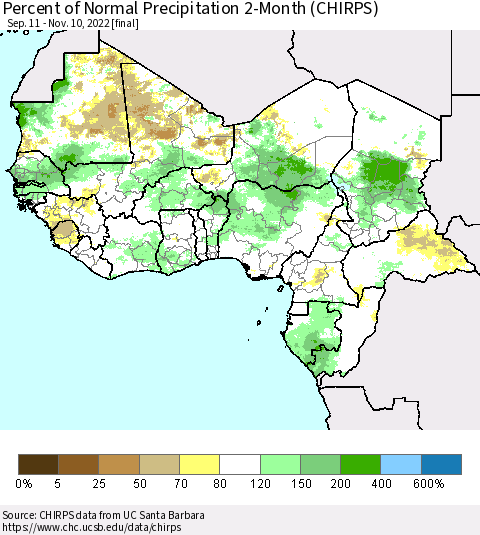 Western Africa Percent of Normal Precipitation 2-Month (CHIRPS) Thematic Map For 9/11/2022 - 11/10/2022