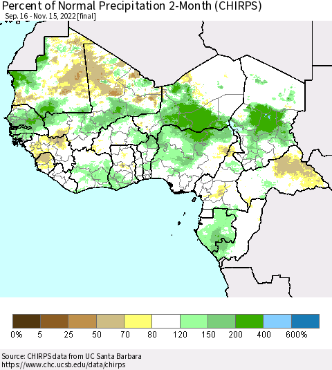 Western Africa Percent of Normal Precipitation 2-Month (CHIRPS) Thematic Map For 9/16/2022 - 11/15/2022