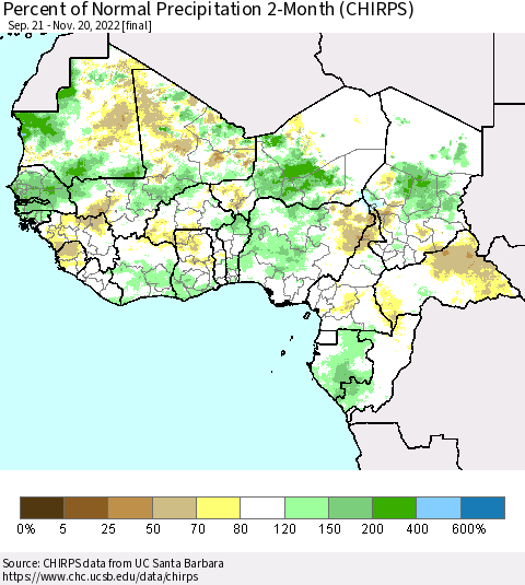 Western Africa Percent of Normal Precipitation 2-Month (CHIRPS) Thematic Map For 9/21/2022 - 11/20/2022