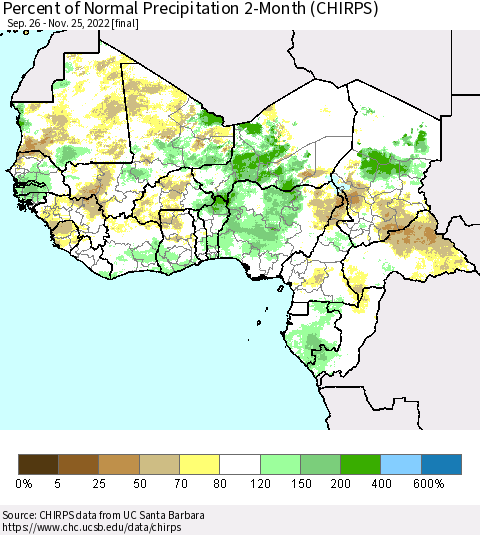 Western Africa Percent of Normal Precipitation 2-Month (CHIRPS) Thematic Map For 9/26/2022 - 11/25/2022
