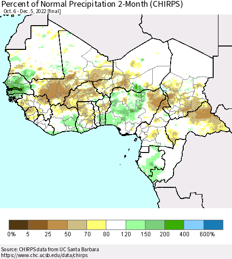 Western Africa Percent of Normal Precipitation 2-Month (CHIRPS) Thematic Map For 10/6/2022 - 12/5/2022
