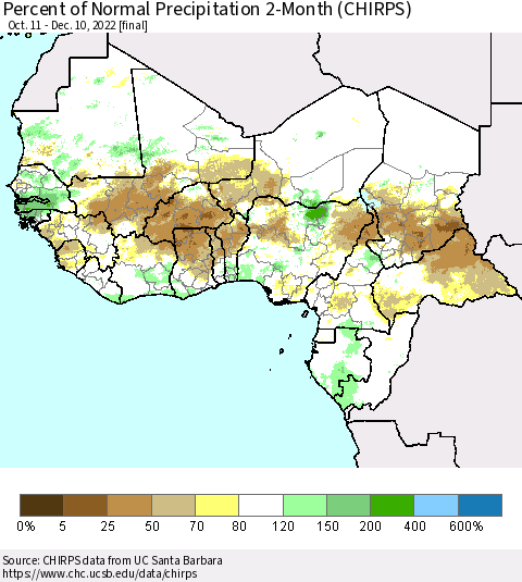 Western Africa Percent of Normal Precipitation 2-Month (CHIRPS) Thematic Map For 10/11/2022 - 12/10/2022