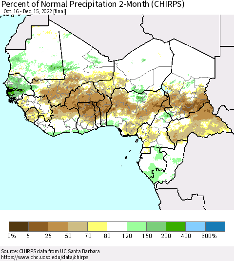 Western Africa Percent of Normal Precipitation 2-Month (CHIRPS) Thematic Map For 10/16/2022 - 12/15/2022