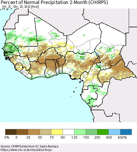 Western Africa Percent of Normal Precipitation 2-Month (CHIRPS) Thematic Map For 10/21/2022 - 12/20/2022