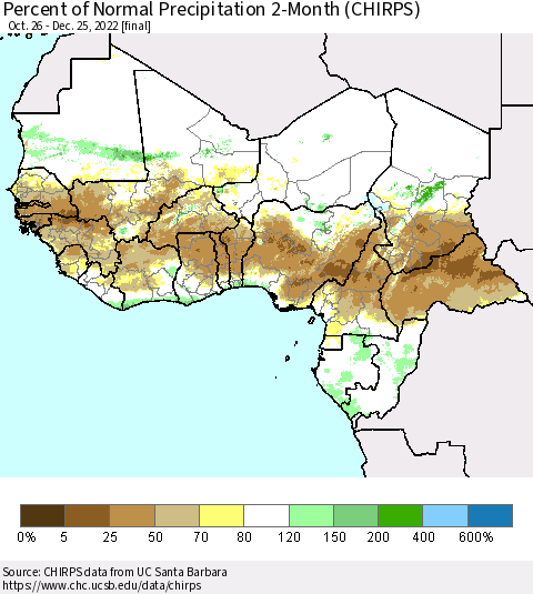 Western Africa Percent of Normal Precipitation 2-Month (CHIRPS) Thematic Map For 10/26/2022 - 12/25/2022