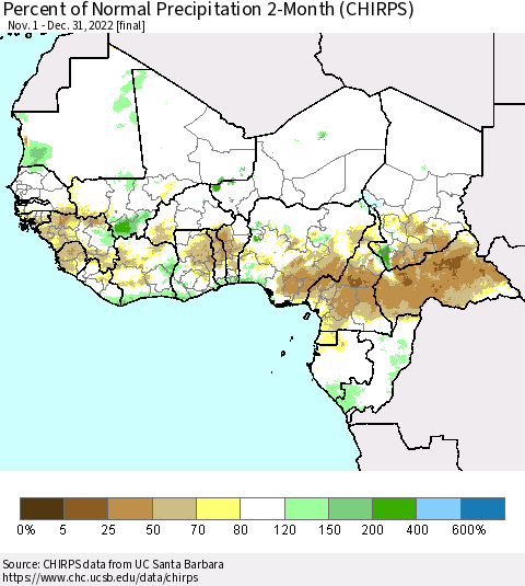 Western Africa Percent of Normal Precipitation 2-Month (CHIRPS) Thematic Map For 11/1/2022 - 12/31/2022