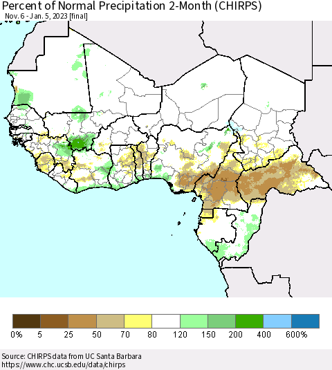 Western Africa Percent of Normal Precipitation 2-Month (CHIRPS) Thematic Map For 11/6/2022 - 1/5/2023