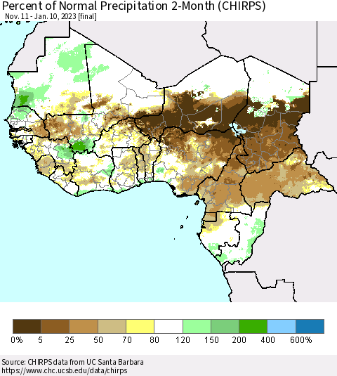 Western Africa Percent of Normal Precipitation 2-Month (CHIRPS) Thematic Map For 11/11/2022 - 1/10/2023