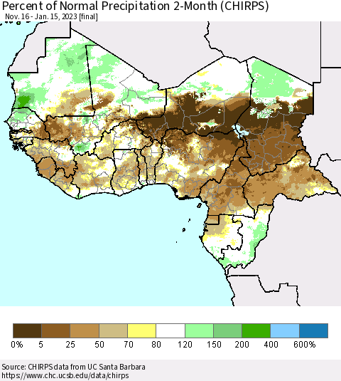 Western Africa Percent of Normal Precipitation 2-Month (CHIRPS) Thematic Map For 11/16/2022 - 1/15/2023
