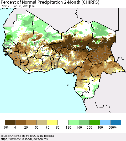 Western Africa Percent of Normal Precipitation 2-Month (CHIRPS) Thematic Map For 11/21/2022 - 1/20/2023