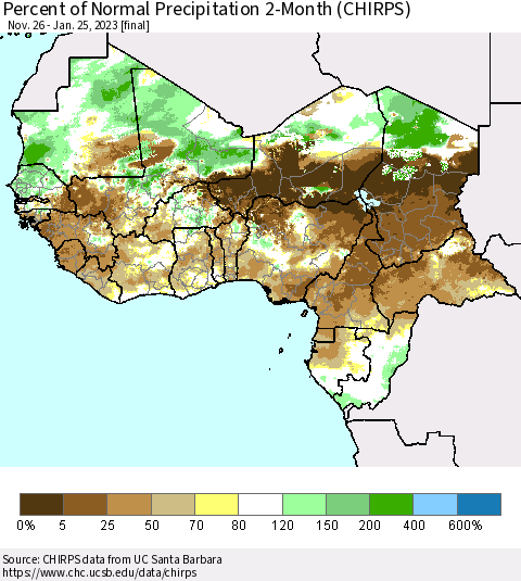 Western Africa Percent of Normal Precipitation 2-Month (CHIRPS) Thematic Map For 11/26/2022 - 1/25/2023