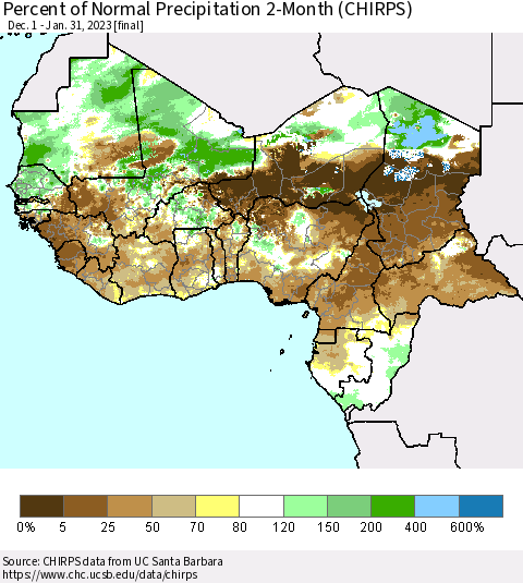 Western Africa Percent of Normal Precipitation 2-Month (CHIRPS) Thematic Map For 12/1/2022 - 1/31/2023