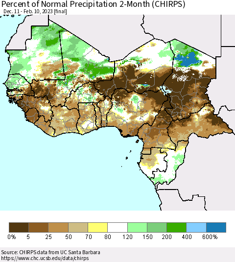 Western Africa Percent of Normal Precipitation 2-Month (CHIRPS) Thematic Map For 12/11/2022 - 2/10/2023