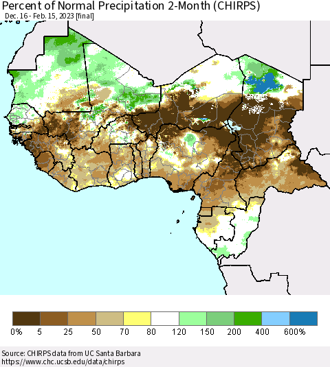 Western Africa Percent of Normal Precipitation 2-Month (CHIRPS) Thematic Map For 12/16/2022 - 2/15/2023