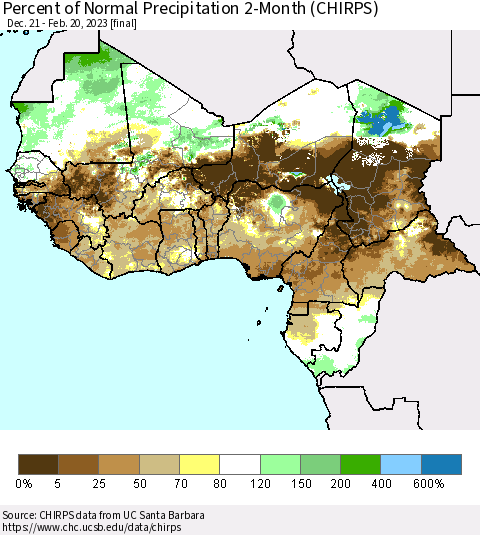 Western Africa Percent of Normal Precipitation 2-Month (CHIRPS) Thematic Map For 12/21/2022 - 2/20/2023