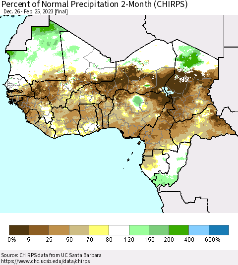 Western Africa Percent of Normal Precipitation 2-Month (CHIRPS) Thematic Map For 12/26/2022 - 2/25/2023