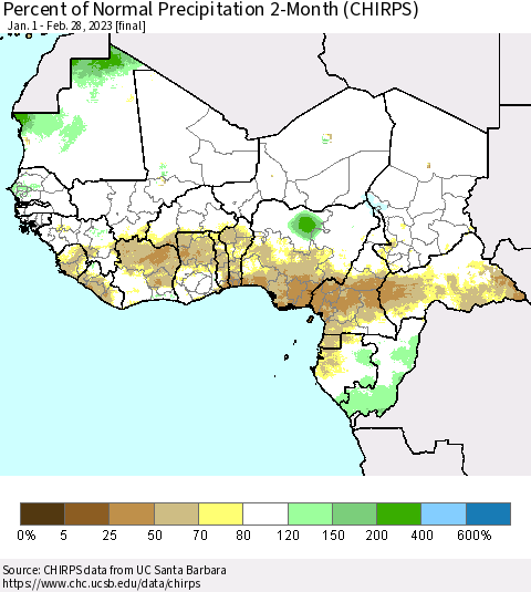 Western Africa Percent of Normal Precipitation 2-Month (CHIRPS) Thematic Map For 1/1/2023 - 2/28/2023