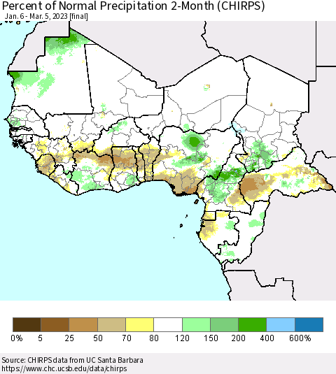 Western Africa Percent of Normal Precipitation 2-Month (CHIRPS) Thematic Map For 1/6/2023 - 3/5/2023