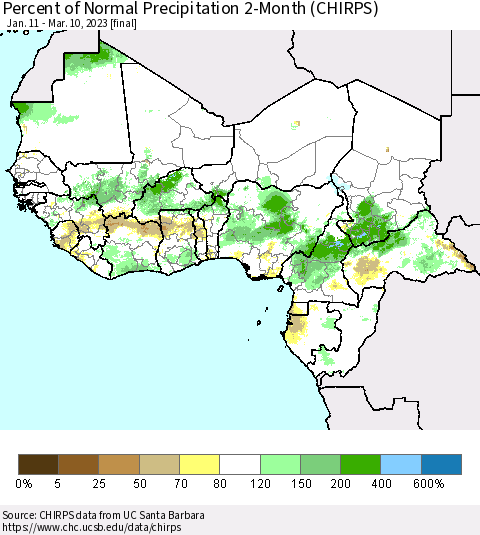 Western Africa Percent of Normal Precipitation 2-Month (CHIRPS) Thematic Map For 1/11/2023 - 3/10/2023