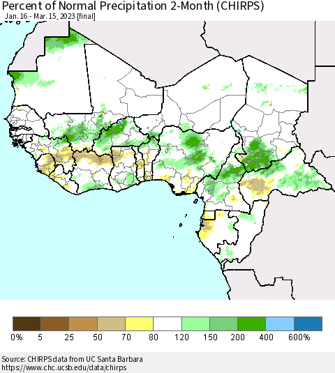 Western Africa Percent of Normal Precipitation 2-Month (CHIRPS) Thematic Map For 1/16/2023 - 3/15/2023