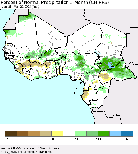 Western Africa Percent of Normal Precipitation 2-Month (CHIRPS) Thematic Map For 1/21/2023 - 3/20/2023