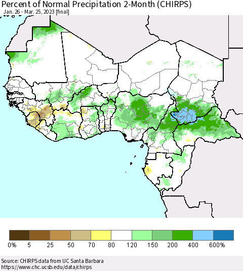 Western Africa Percent of Normal Precipitation 2-Month (CHIRPS) Thematic Map For 1/26/2023 - 3/25/2023