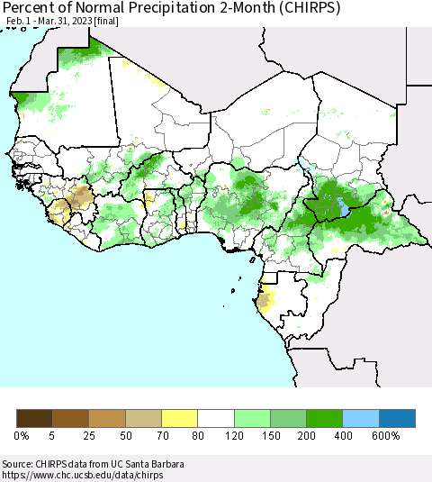 Western Africa Percent of Normal Precipitation 2-Month (CHIRPS) Thematic Map For 2/1/2023 - 3/31/2023