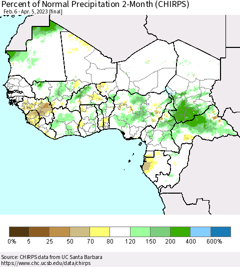 Western Africa Percent of Normal Precipitation 2-Month (CHIRPS) Thematic Map For 2/6/2023 - 4/5/2023